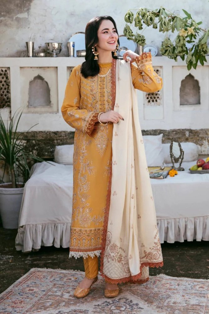 ZN1124 - 3PC DHANAK EMBROIDERED SHIRT WITH DHANAK EMBROIDERED SHAWL - ZoniyaClothing
