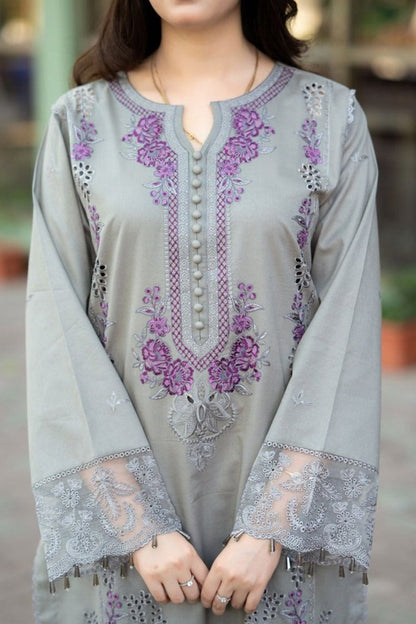 ZN1126 - LIBAAS - 3PC DHANAK EMBROIDERED SHIRT WITH CHIFFON EMBROIDERED DUPATTA - ZoniyaClothing