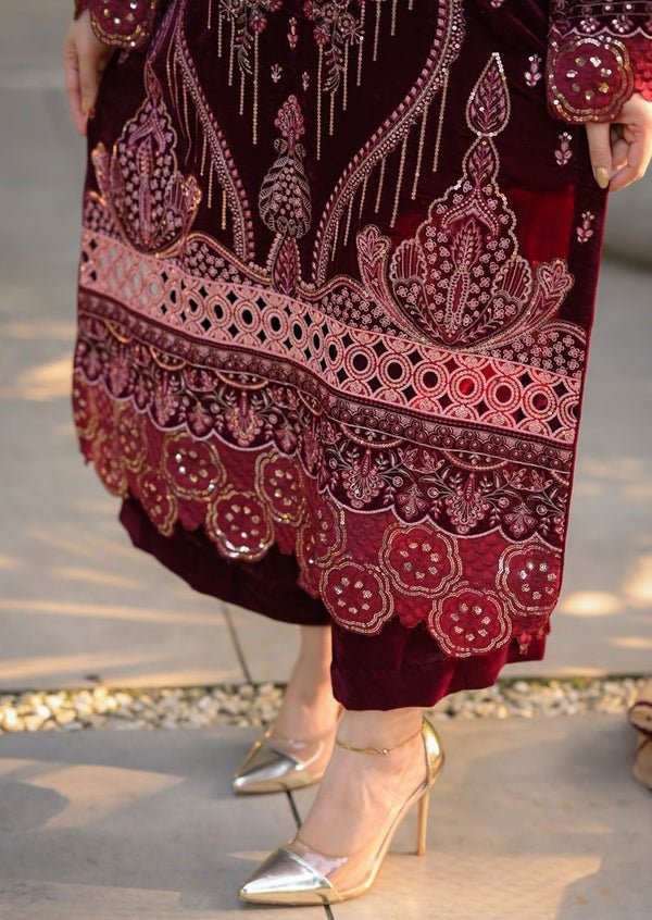 ZN1240 Winter Embroidered Velvet Dress With Organza embroidered Dopata - ZoniyaClothing