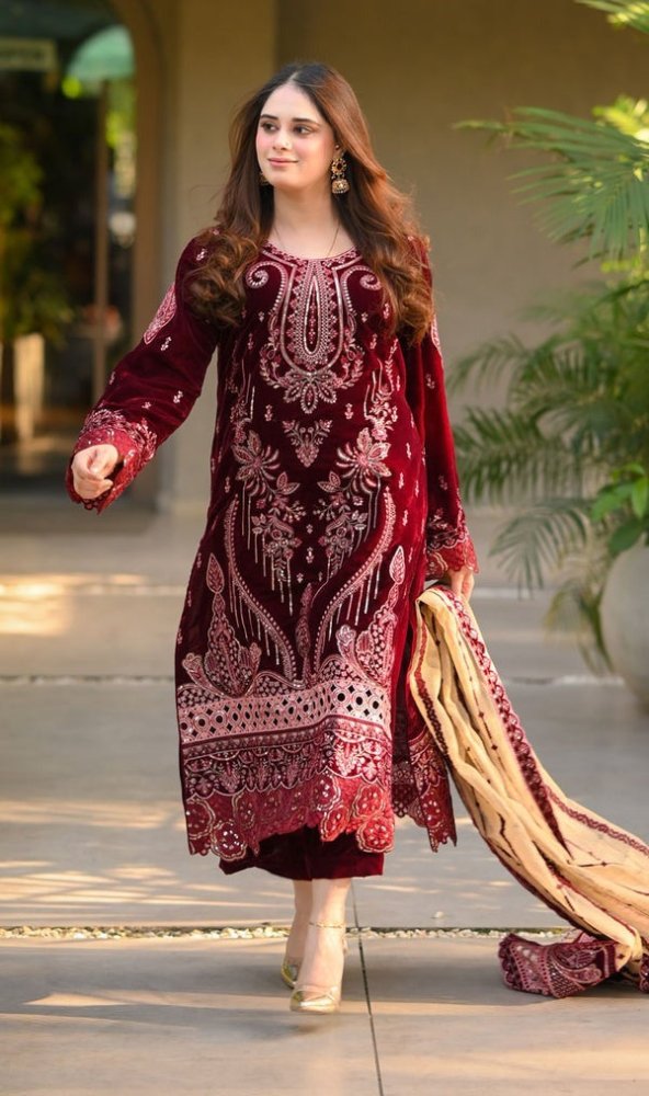ZN1240 Winter Embroidered Velvet Dress With Organza embroidered Dopata - ZoniyaClothing