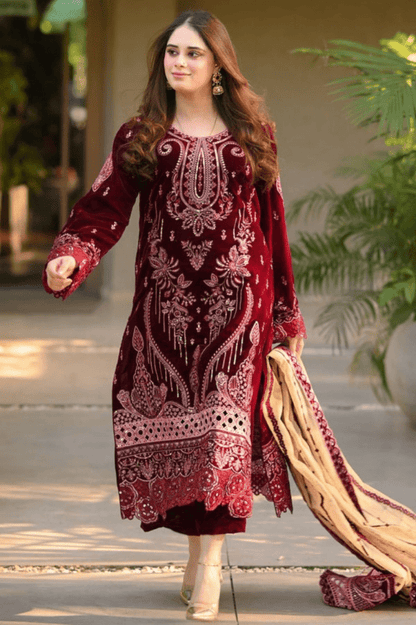 ZN1240 Winter Embroidered Velvet Dress With Organza embroidered Dopata - ZoniyaClothing