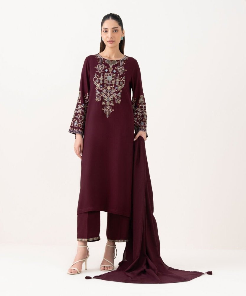 ZN1241 UNSTITCHED WINTER BATIK - 3PC DHANAK EMBROIDERED SHIRT WITH SHAWL & TROUSER - ZoniyaClothing