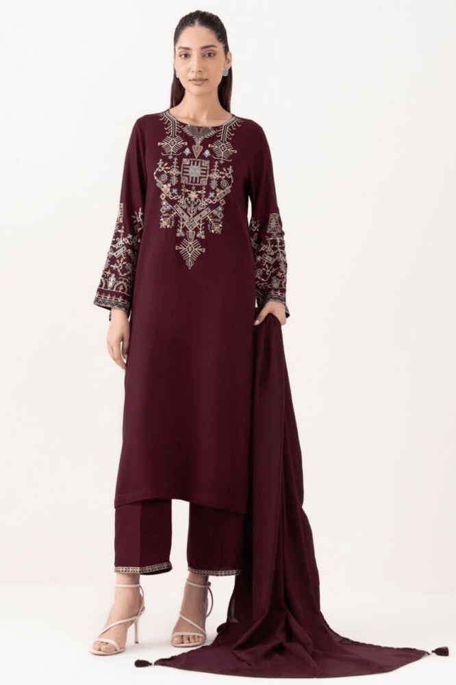 ZN1241 UNSTITCHED WINTER BATIK - 3PC DHANAK EMBROIDERED SHIRT WITH SHAWL & TROUSER - ZoniyaClothing