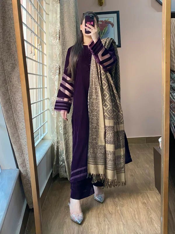 ZN1248 Unstitched Velvet Dress with Printed Dhanak Shawl - ZoniyaClothing