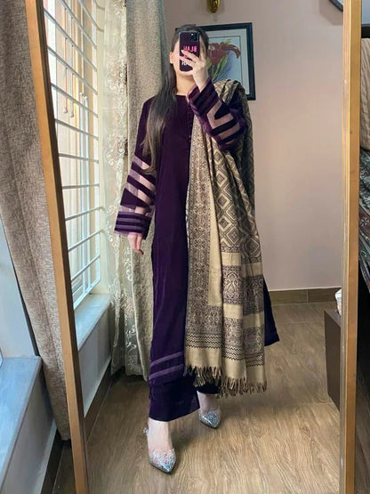ZN1248 Unstitched Velvet Dress with Printed Dhanak Shawl - ZoniyaClothing
