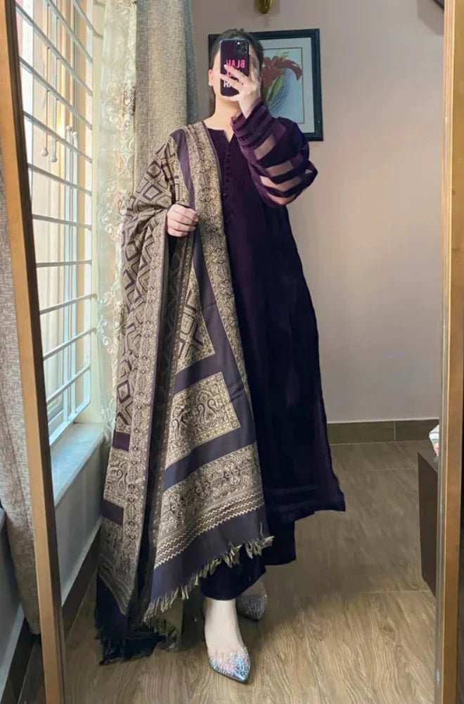 ZN1248 Unstitched Velvet Dress with Printed Dhanak Shawl - ZoniyaClothing