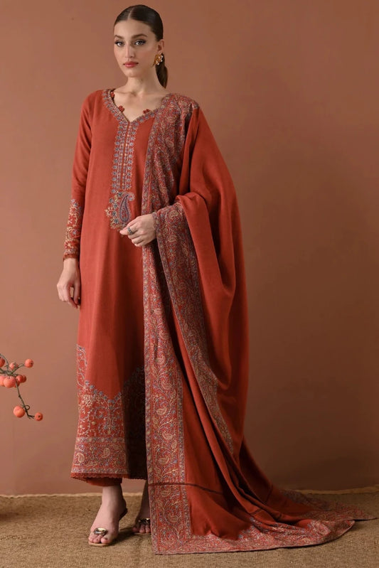 ZN1260 BATIK - 3PC DHANAK EMBROIDERED SHIRT WITH DHANAK EMBROIDERED SHAWL AND TROUSER - ZoniyaClothing