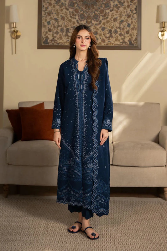 zn1262 SAPPHIRE - 3PC DHANAK EMBROIDERED SHIRT WITH DHANAK EMBROIDERED SHAWL AND TROUSER - BIC - ZoniyaClothing