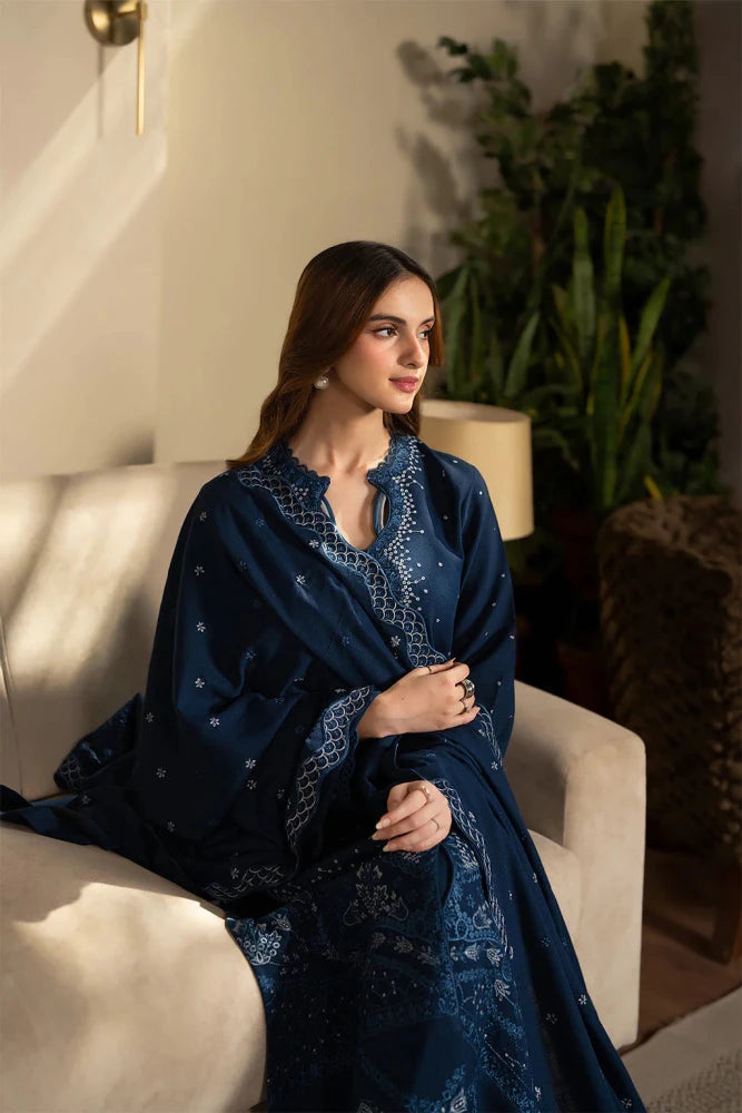 zn1262 SAPPHIRE - 3PC DHANAK EMBROIDERED SHIRT WITH DHANAK EMBROIDERED SHAWL AND TROUSER - BIC - ZoniyaClothing