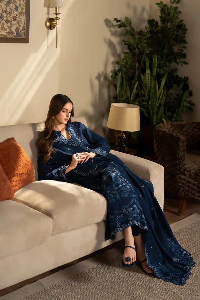 zn1262 SAPPHIRE - 3PC DHANAK EMBROIDERED SHIRT WITH DHANAK EMBROIDERED SHAWL AND TROUSER - BIC - ZoniyaClothing