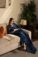 zn1262 SAPPHIRE - 3PC DHANAK EMBROIDERED SHIRT WITH DHANAK EMBROIDERED SHAWL AND TROUSER - BIC - ZoniyaClothing