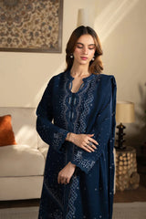 zn1262 SAPPHIRE - 3PC DHANAK EMBROIDERED SHIRT WITH DHANAK EMBROIDERED SHAWL AND TROUSER - BIC - ZoniyaClothing