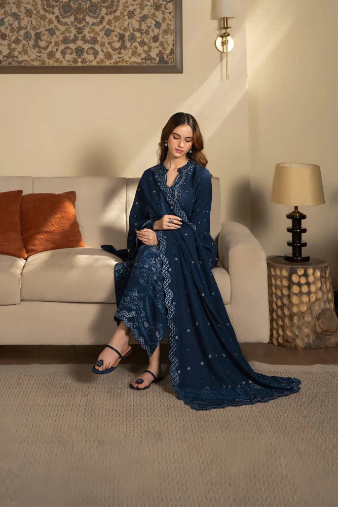 zn1262 SAPPHIRE - 3PC DHANAK EMBROIDERED SHIRT WITH DHANAK EMBROIDERED SHAWL AND TROUSER - BIC - ZoniyaClothing