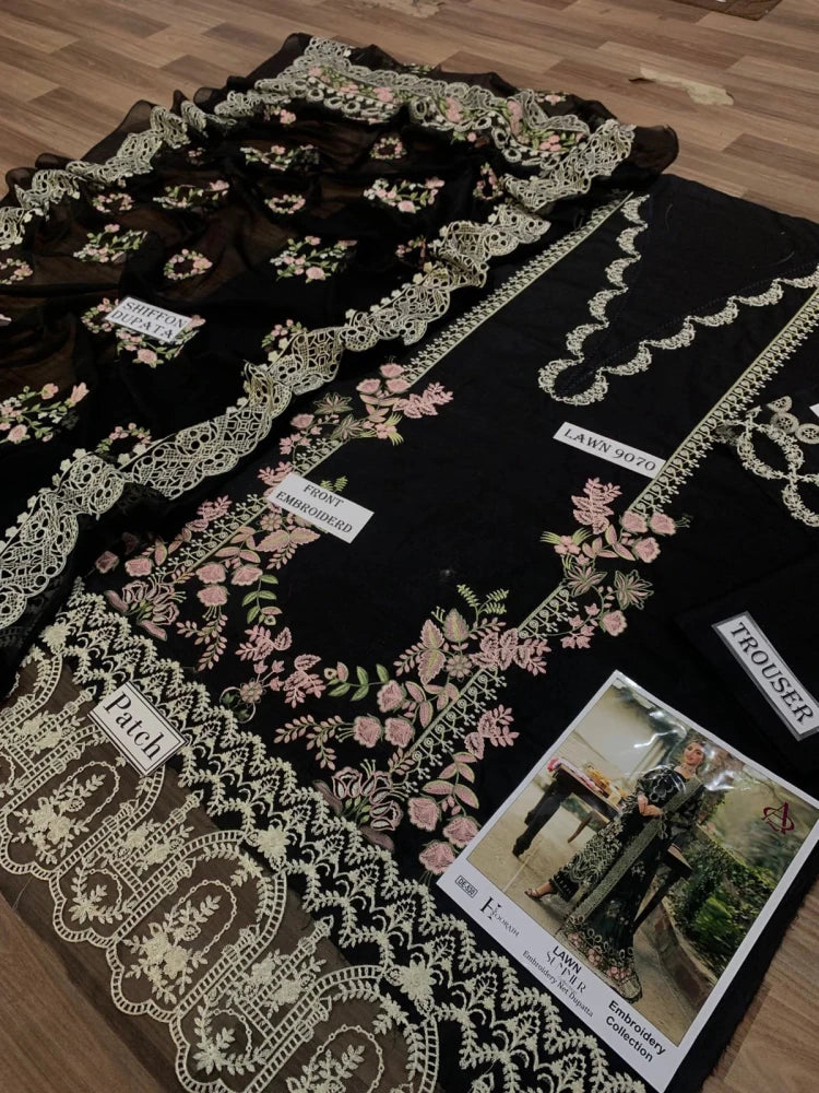 ZN1296 Luxury 3PC Lawn Unstitched Summer Dress With Emb Chiffon Dupatta - ZoniyaClothing