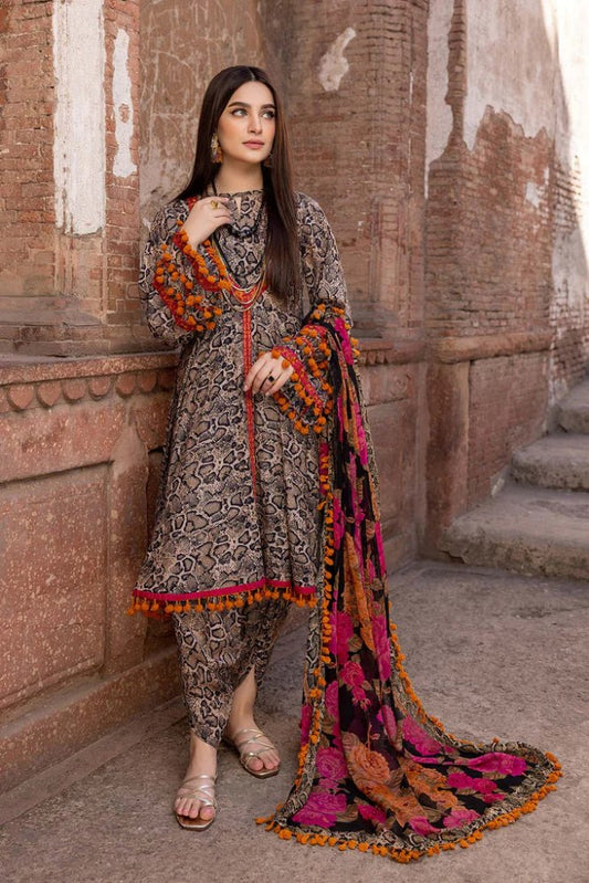 ZN206 - 3PC Lawn Printed Shirt With Patches & Bamber Chiffon Printed Dupatta - ZoniyaClothing