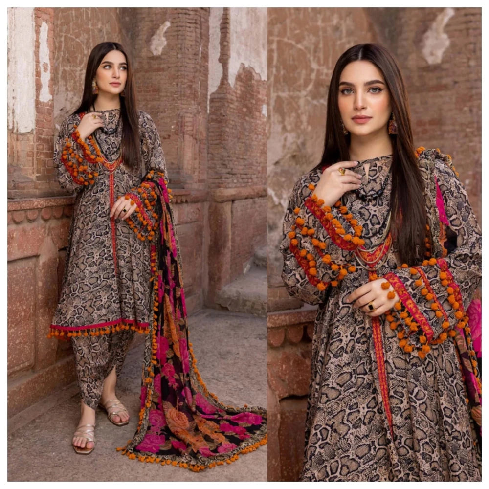ZN206 - 3PC Lawn Printed Shirt With Patches & Bamber Chiffon Printed Dupatta - ZoniyaClothing