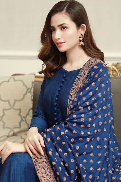 ZN408 - WINTER Linen Suit with Heavy Embroidered Linen Shawl - ZoniyaClothing