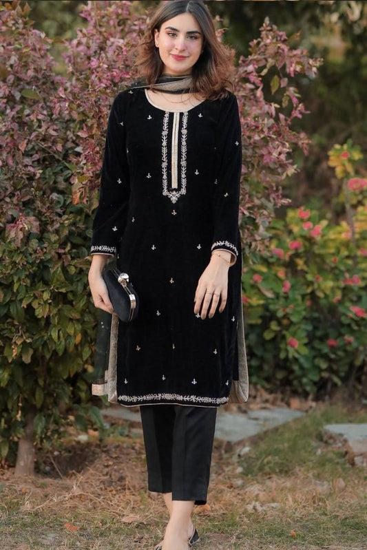 ZN409 - WINTER Velvet Embroidered Dress With Organza embroidered Dopata - ZoniyaClothing