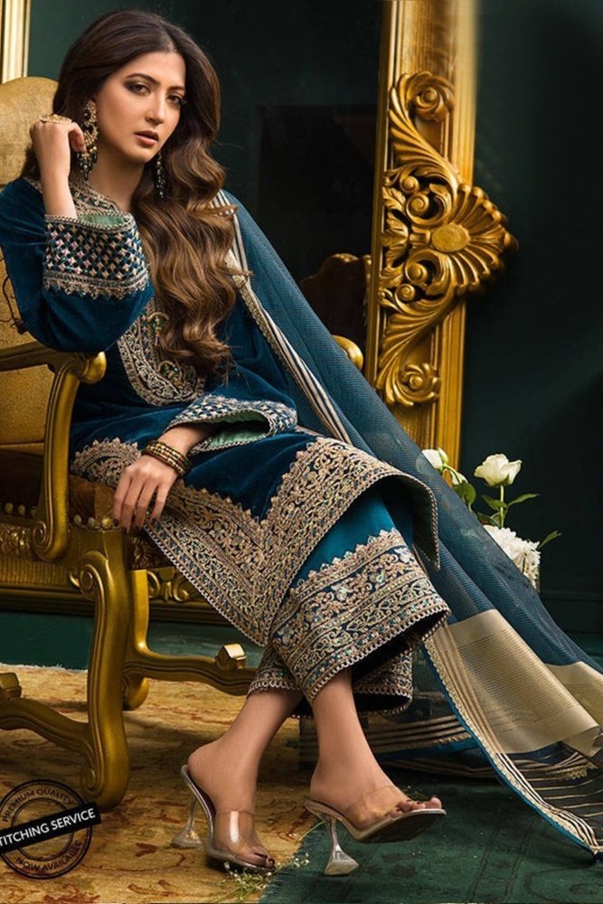 ZN414 - WINTER Heavy Embroidered Velvet Dress with Silk Trouser - ZoniyaClothing