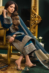 ZN414 - WINTER Heavy Embroidered Velvet Dress with Silk Trouser - ZoniyaClothing