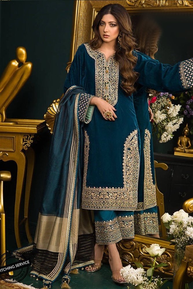 ZN414 - WINTER Heavy Embroidered Velvet Dress with Silk Trouser - ZoniyaClothing