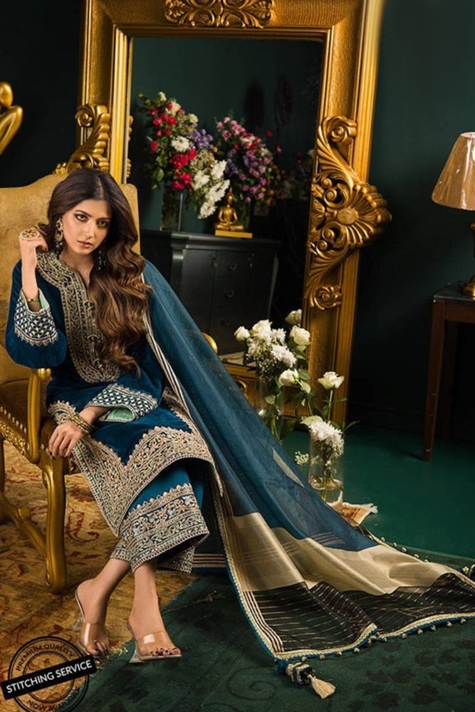 ZN414 - WINTER Heavy Embroidered Velvet Dress with Silk Trouser - ZoniyaClothing