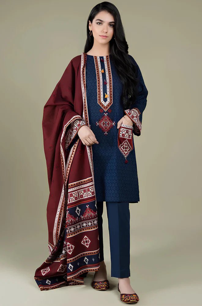 ZN416 - WINTER 3PC Linen Embroidered suit with Printed Shawll - ZoniyaClothing