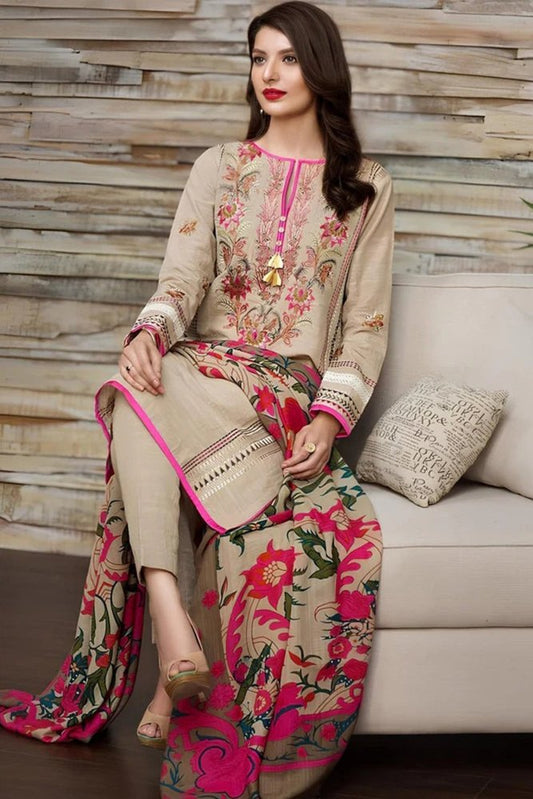 ZN525 - WINTER Embroidered khaddar Dhanak 3pc With Wool Shaw - ZoniyaClothing
