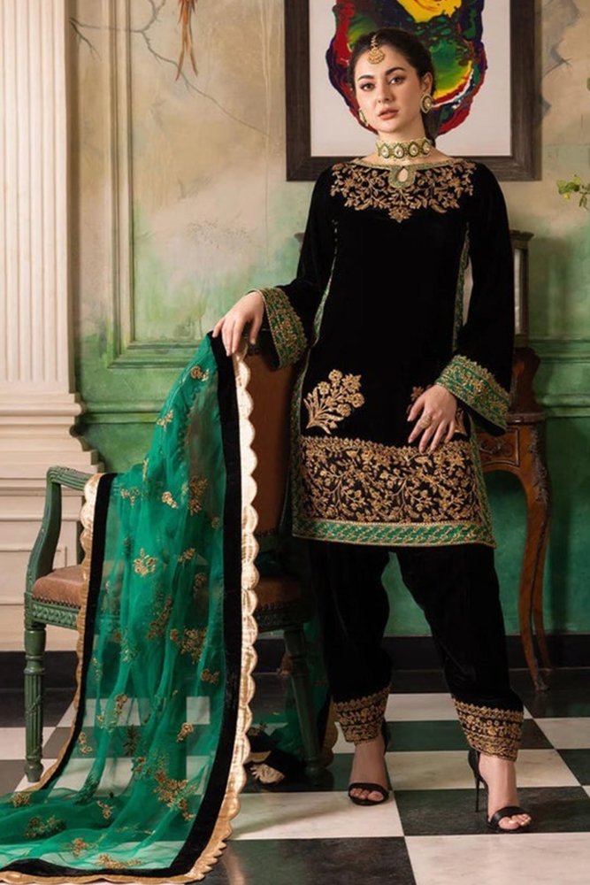 ZN551 - Velvet Winter Embroidered 3 Piece Dress With Organza embroidered Dopata - ZoniyaClothing