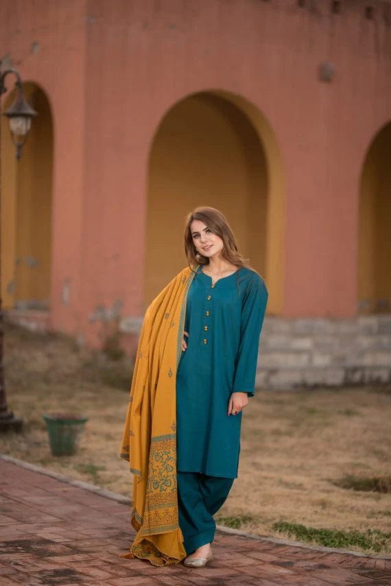 ZN554 - 3 Piece Dhanak Suit with digital printed wool shawll - ZoniyaClothing