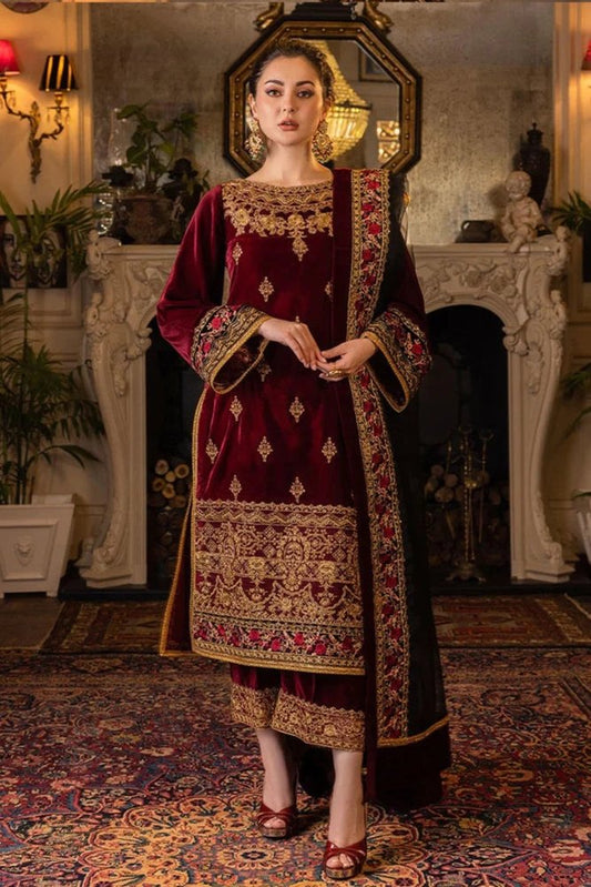 ZN556 - Velvet Winter Embroidered 3 Piece Dress With Organza embroidered Dopata - ZoniyaClothing