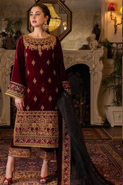ZN556 - Velvet Winter Embroidered 3 Piece Dress With Organza embroidered Dopata - ZoniyaClothing