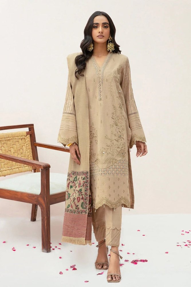 ZN574 - WINTER 3PC Dhanak Embroidered suit with Printed Shawll - ZoniyaClothing