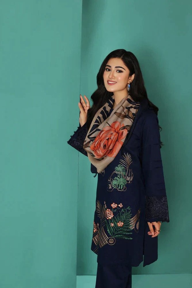 ZN585 - WINTER Nishat Blue Dhanak Embroidered three piece With Printed Wool Shawll - ZoniyaClothing