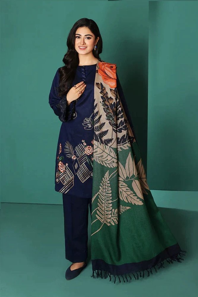 ZN585 - WINTER Nishat Blue Dhanak Embroidered three piece With Printed Wool Shawll - ZoniyaClothing