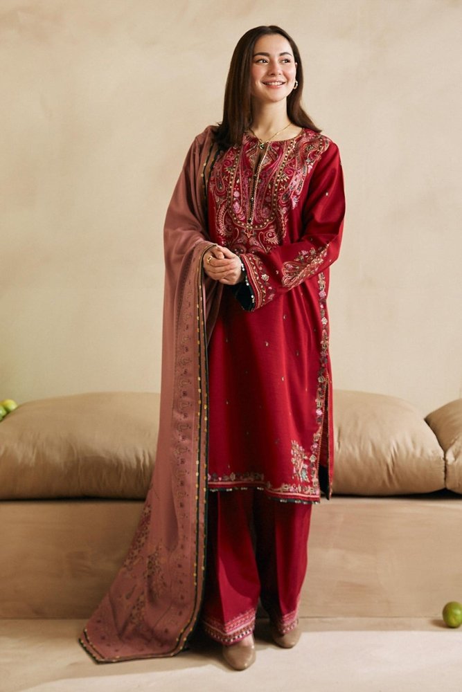 ZN602 - WINTER 3 - Pc Embroidered Dhanak Suit with Heavy Embroidered Dhanak Shawll - ZoniyaClothing