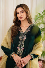 ZN630 - WINTER Velvet Embroidered Dress With Organza embroidered Dopata - ZoniyaClothing