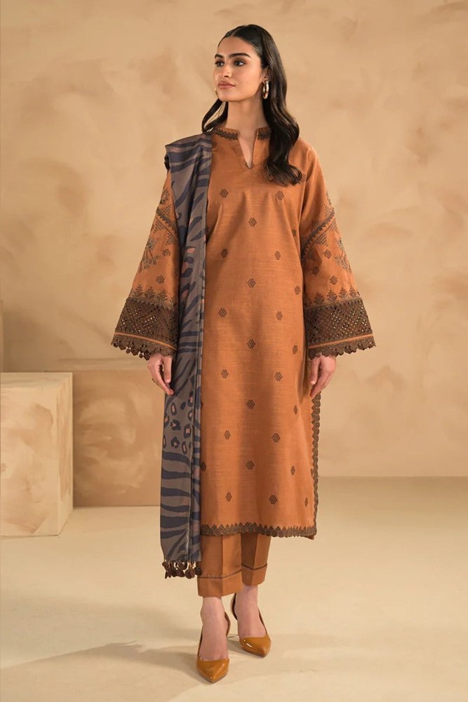 ZN631 - WINTER 3PC Dhanak Embroidered suit with Printed Shawll - ZoniyaClothing