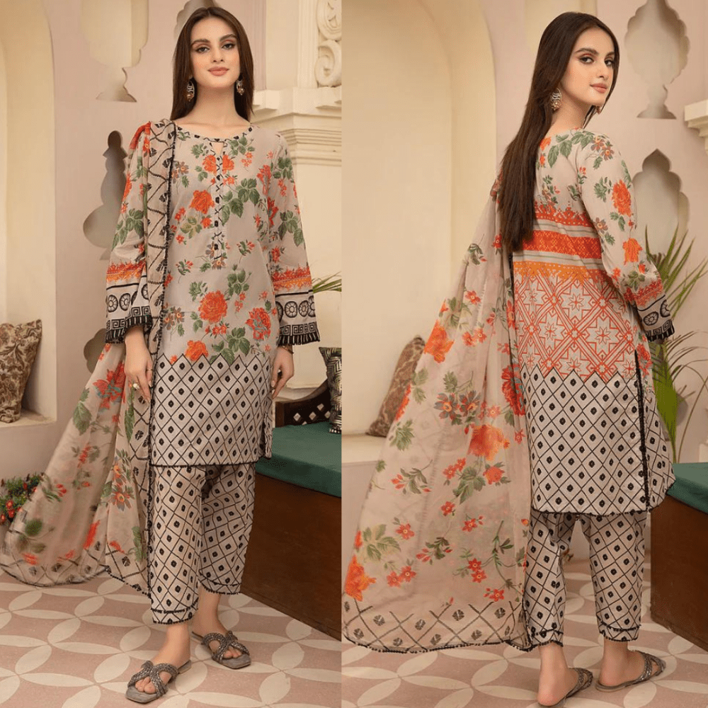 ZN700 - SUMMER 3Pc Digital Printed Lawn Shirt With Printed Lawn Trouser and Daimond Dupatta - ZoniyaClothing