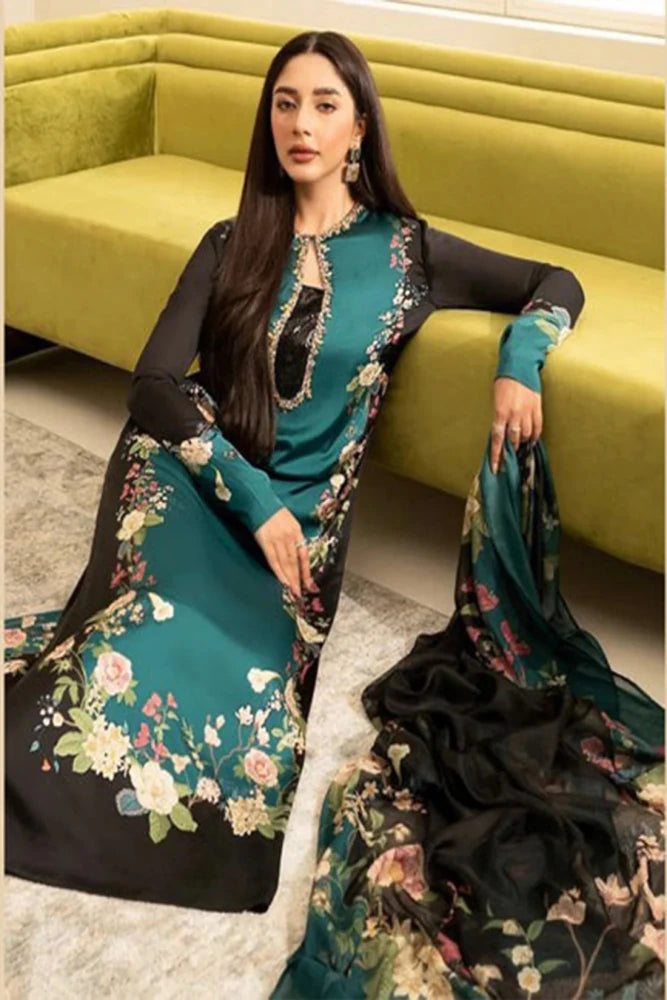 ZN828 - 3PC - WINTER Unstitched shamoz silk fabric in floral print. - ZoniyaClothing
