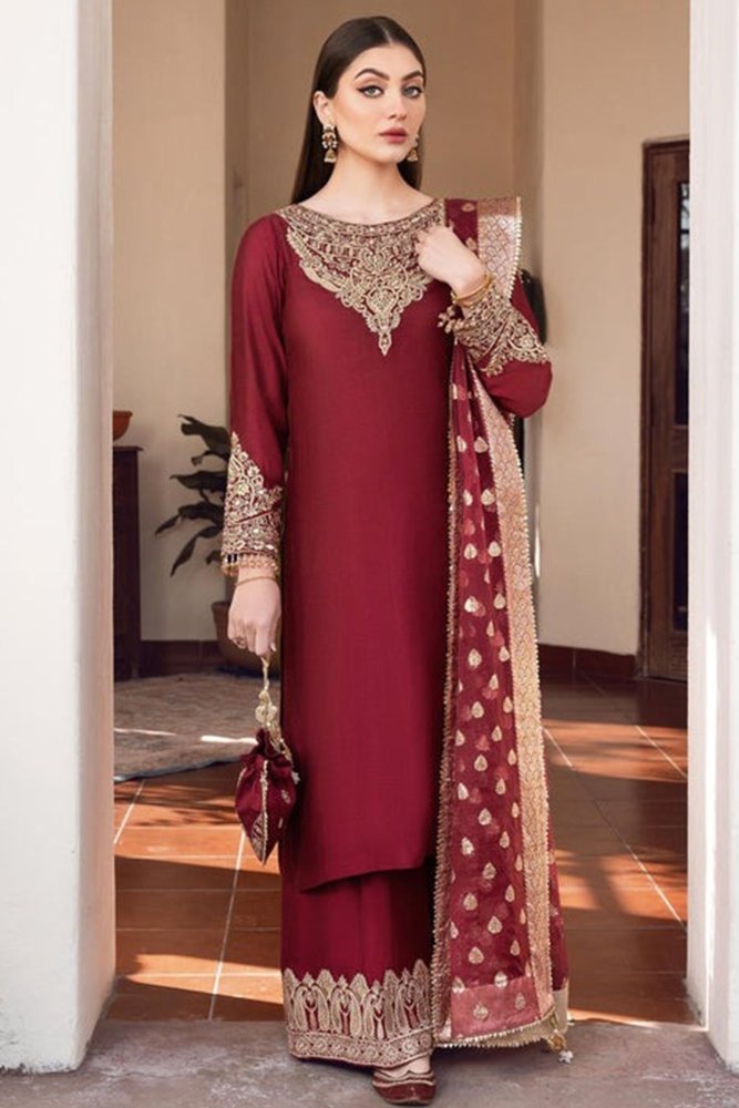 ZN882 - Winter 3pc shamoz silk frock style embroidered suit - ZoniyaClothing
