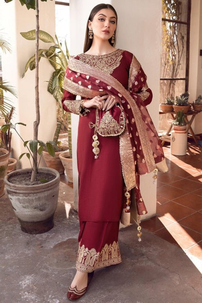 ZN882 - Winter 3pc shamoz silk frock style embroidered suit - ZoniyaClothing