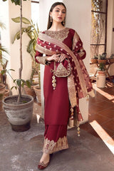 ZN882 - Winter 3pc shamoz silk frock style embroidered suit - ZoniyaClothing