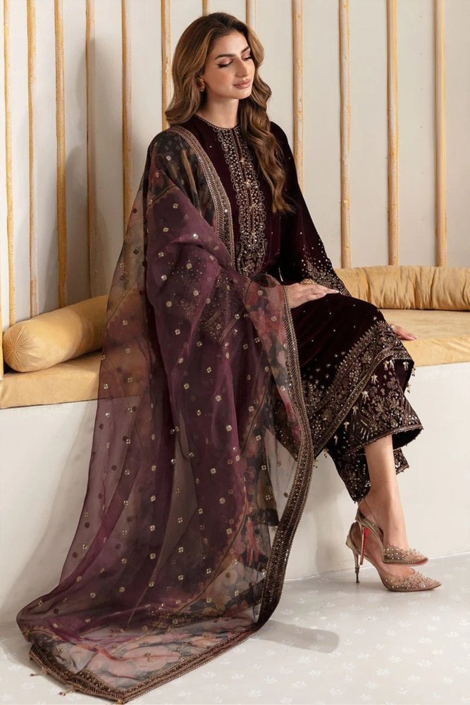 ZN902 - Winter Velvet Unstitched 3PCs Embroidered Dress With Organza Dupatta - ZoniyaClothing
