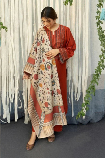 ZN914 - WINTER 3PC Dhanak Embroidered suit with Printed Shawll - ZoniyaClothing