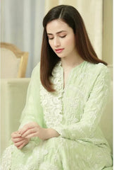 ZN001-Pista- 3PC Lawn Heavy Embroidered Shirt With Organza Embroidered Dupatta