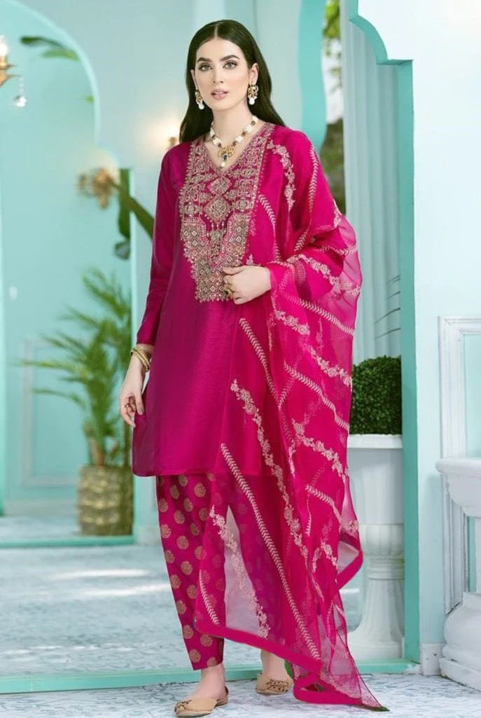 ZN024-Embroidered 3pc Lawn Dress With Chiffon Embroidered Dupatta